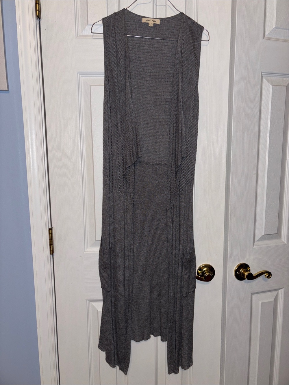 Pink Rose Long Open-Front Sleeveless Knit Duster - Gray